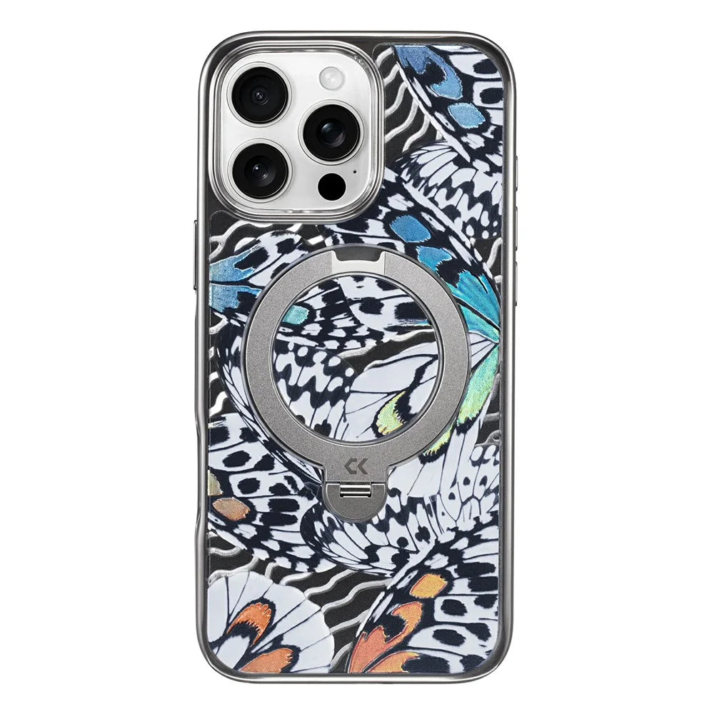 CASEKOO for iPhone 16 Pro Max Case Mirror Surface Kickstand Ring Holder Shockproof PC + TPU Cover - Butterfly Texture - 3