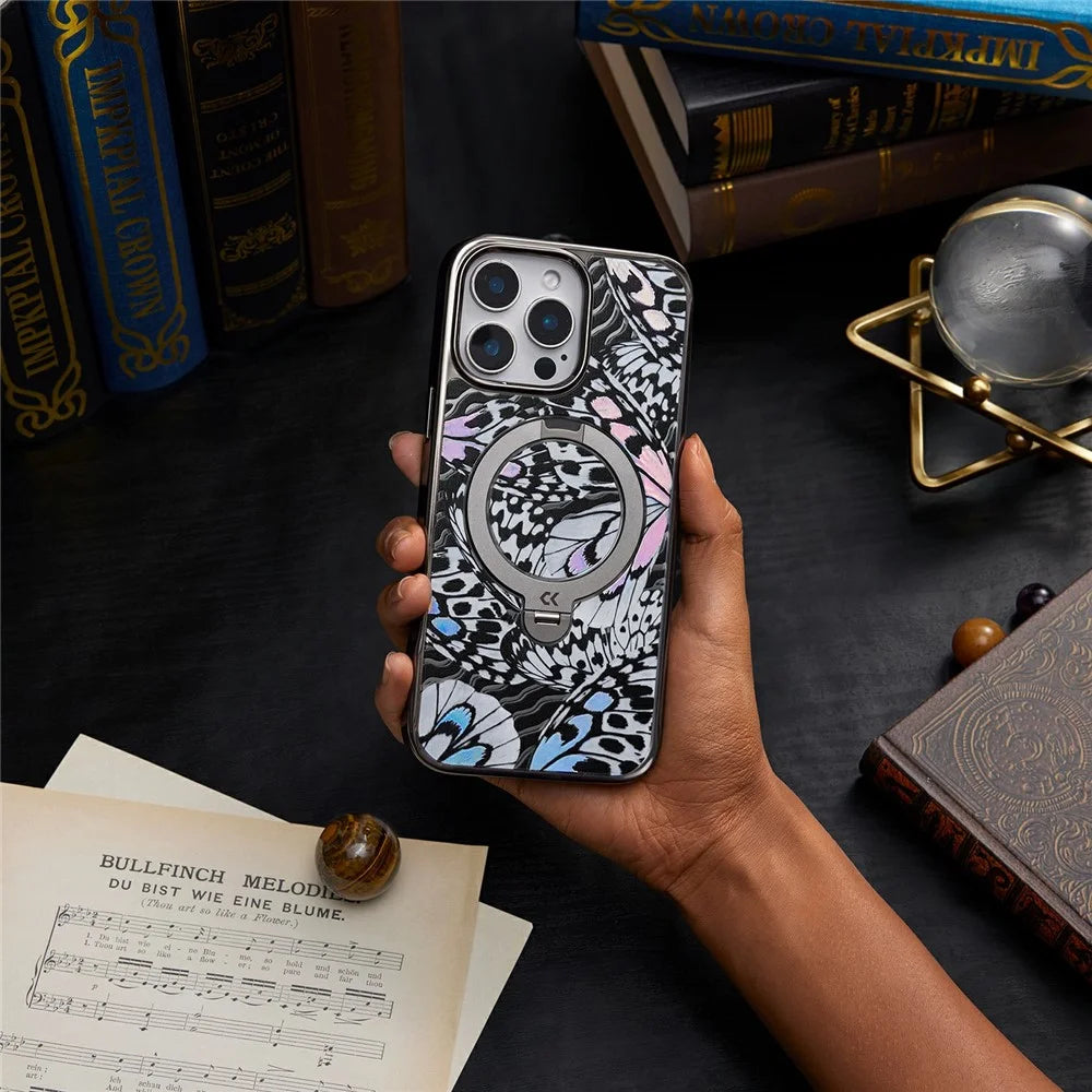 CASEKOO for iPhone 16 Pro Max Case Mirror Surface Kickstand Ring Holder Shockproof PC + TPU Cover - Butterfly Texture - 5