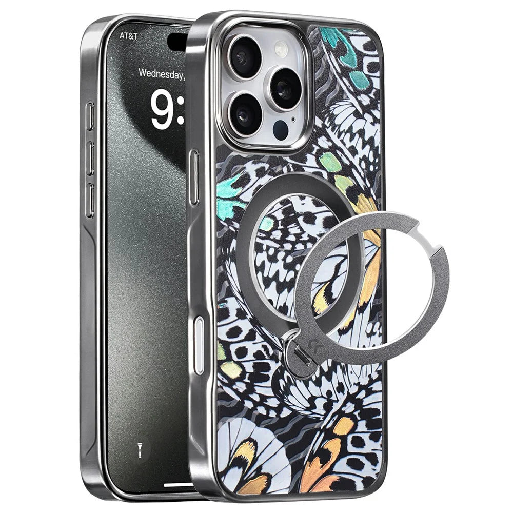 CASEKOO for iPhone 16 Pro Case Mirror Surface Kickstand Ring Holder Shockproof PC + TPU Cover - Butterfly Texture - 1