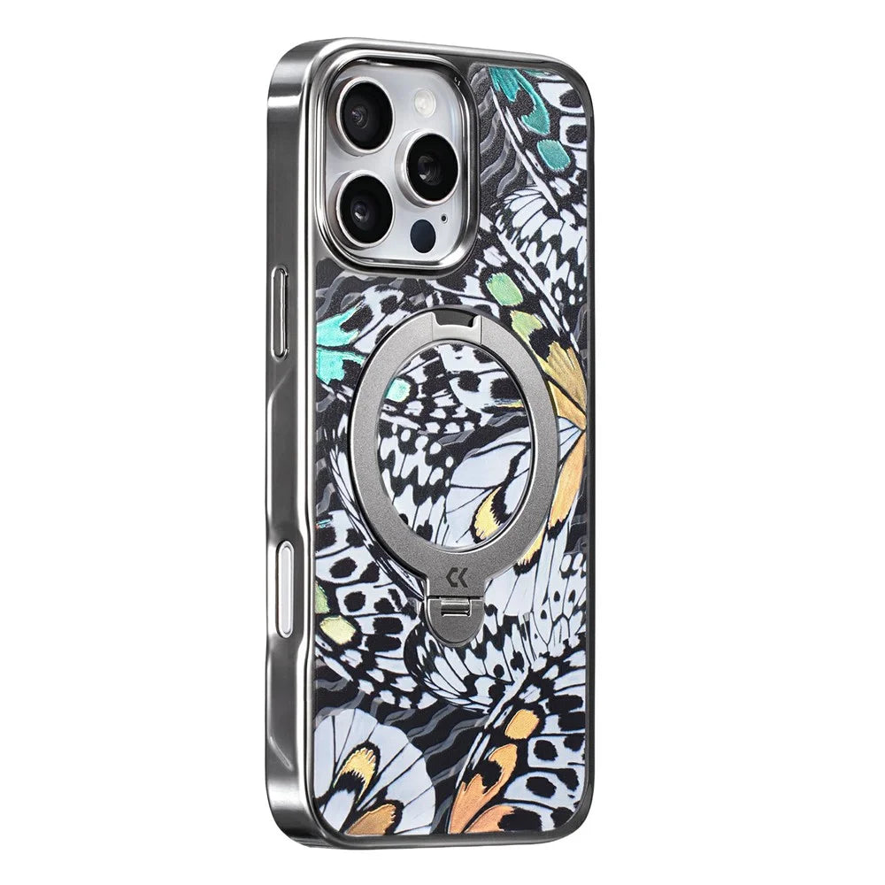 CASEKOO for iPhone 16 Pro Case Mirror Surface Kickstand Ring Holder Shockproof PC + TPU Cover - Butterfly Texture - 2