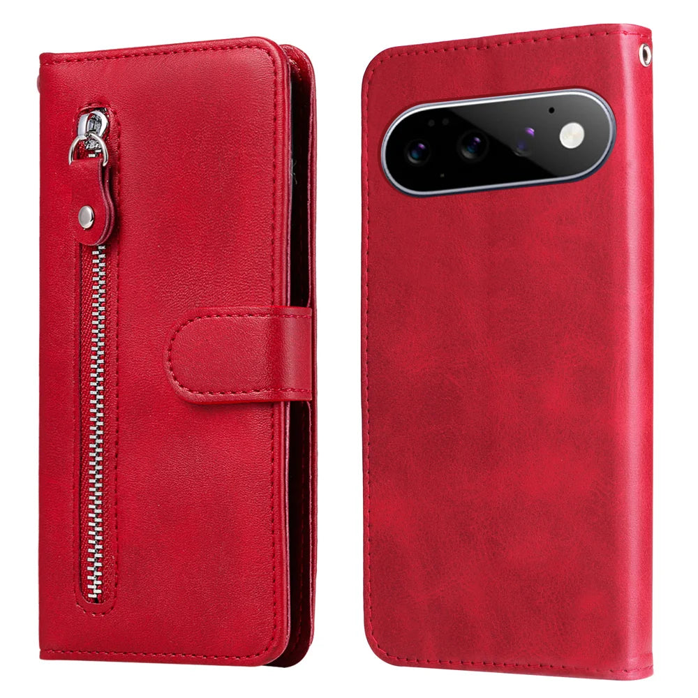 For Google Pixel 11 Pro / Google Pixel 11 PU Leather Cases with Zipper Pocket Wallet Phone Cover Stand - Red - 1