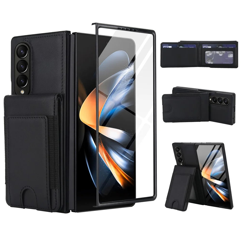 For Samsung Galaxy Z Fold3 5G Case Card Bag Kickstand Leather + PC Phone Cover with HD Screen Protector - Black - 1