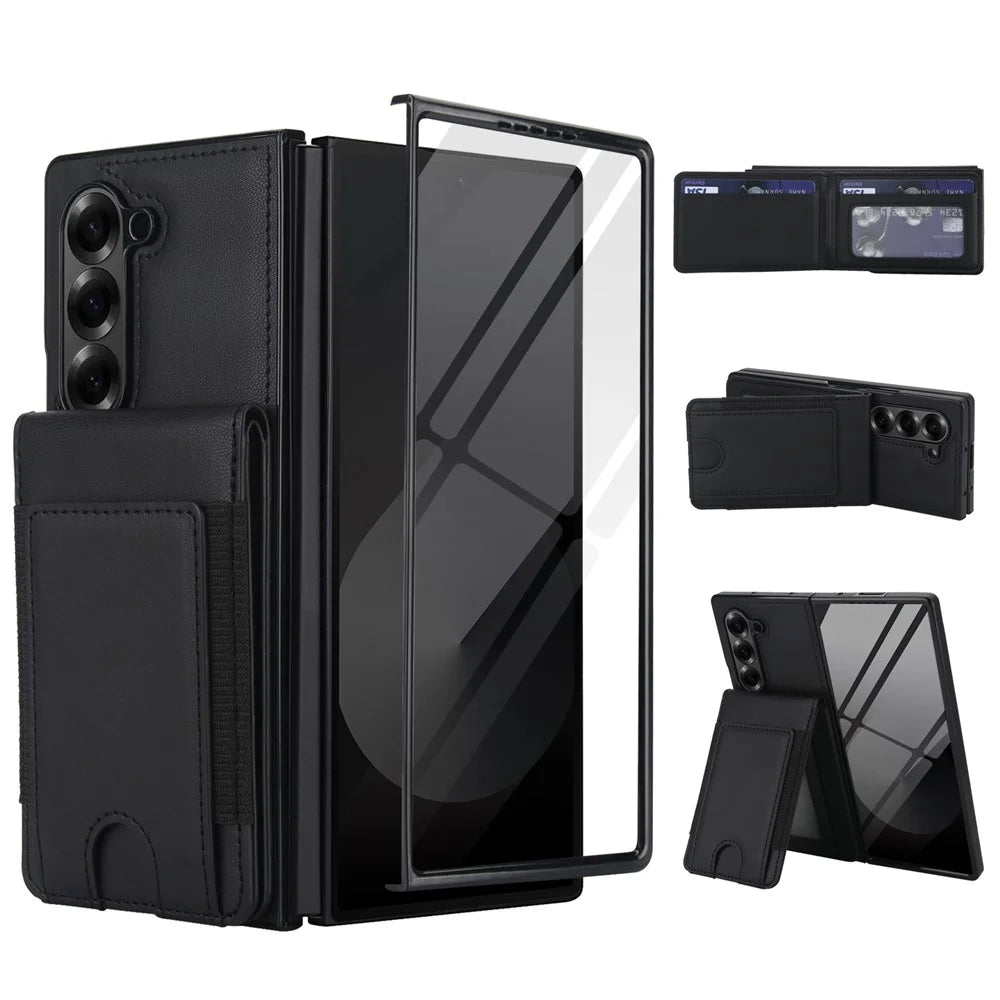 For Samsung Galaxy Z Fold5 5G Case Card Bag Kickstand Leather + PC Phone Cover with HD Screen Protector - Black - 1