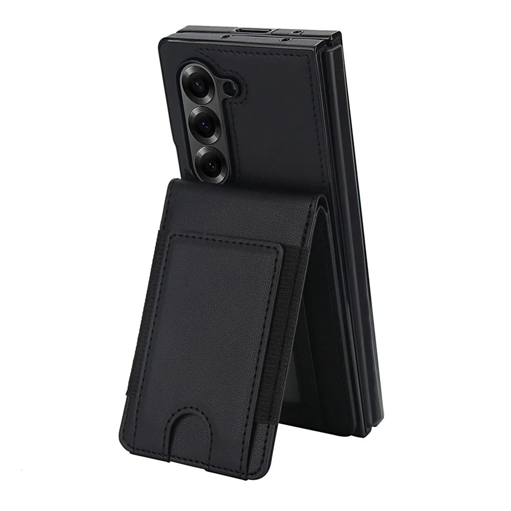 For Samsung Galaxy Z Fold5 5G Case Card Bag Kickstand Leather + PC Phone Cover with HD Screen Protector - Black - 3