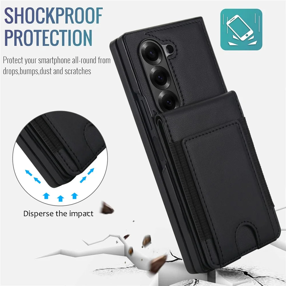 For Samsung Galaxy Z Fold5 5G Case Card Bag Kickstand Leather + PC Phone Cover with HD Screen Protector - Black - 6