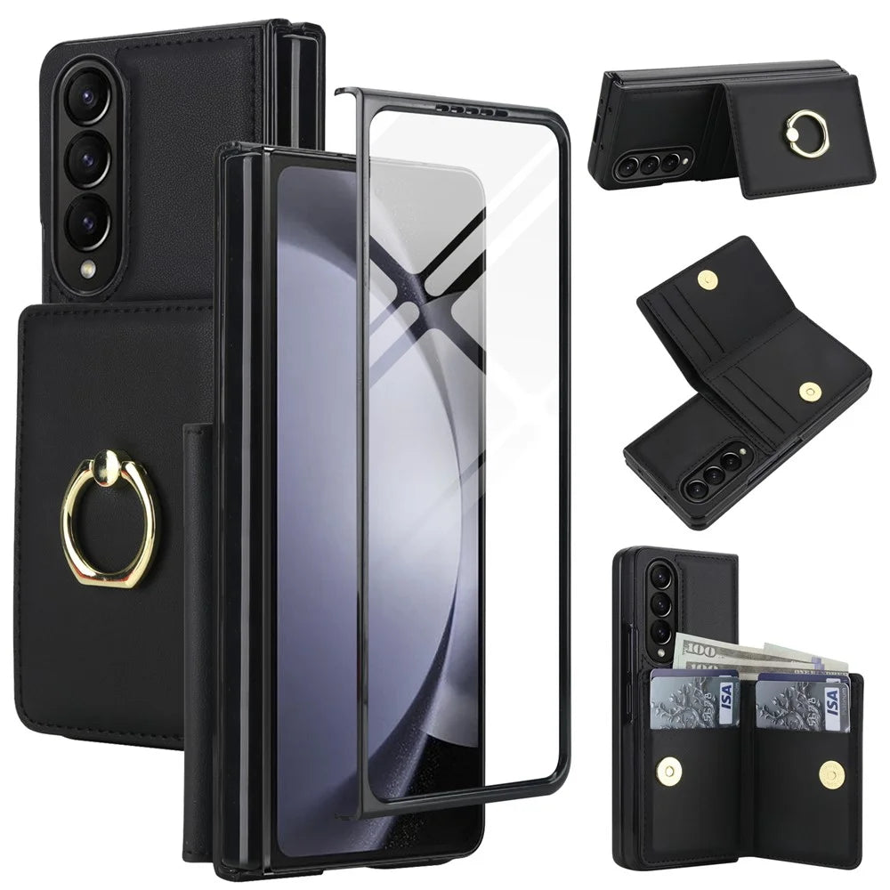 For Samsung Galaxy Z Fold3 5G Wallet Case Ring Holder PC PU Flip Phone Cover with HD Screen Protector - Black - 1