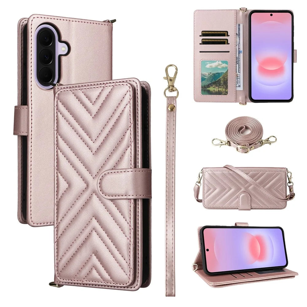 For Samsung Galaxy A57 5G Leather Case Stand Wallet Phone Cover with Shoulder  /  Wrist Strap - Pink - 1