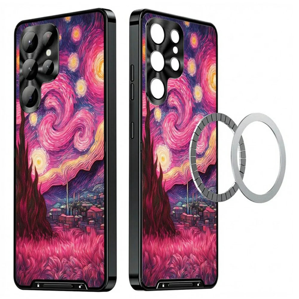 For Samsung Galaxy S24 Ultra Magnetic Case Artistic Paint Metal PC TPU Phone Cover with Lens Protector - Pink Purple Nebula - 1
