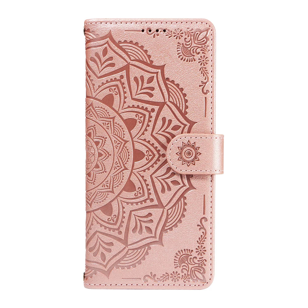 For iPhone 16e / iPhone 17e Wallet Case Embossed Mandala Pattern PU Leather + TPU Cover with Wrist Strap - Rose Gold - 5