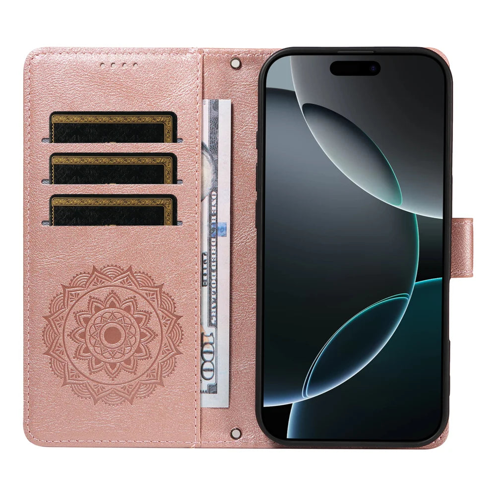 For iPhone 16e / iPhone 17e Wallet Case Embossed Mandala Pattern PU Leather + TPU Cover with Wrist Strap - Rose Gold - 6