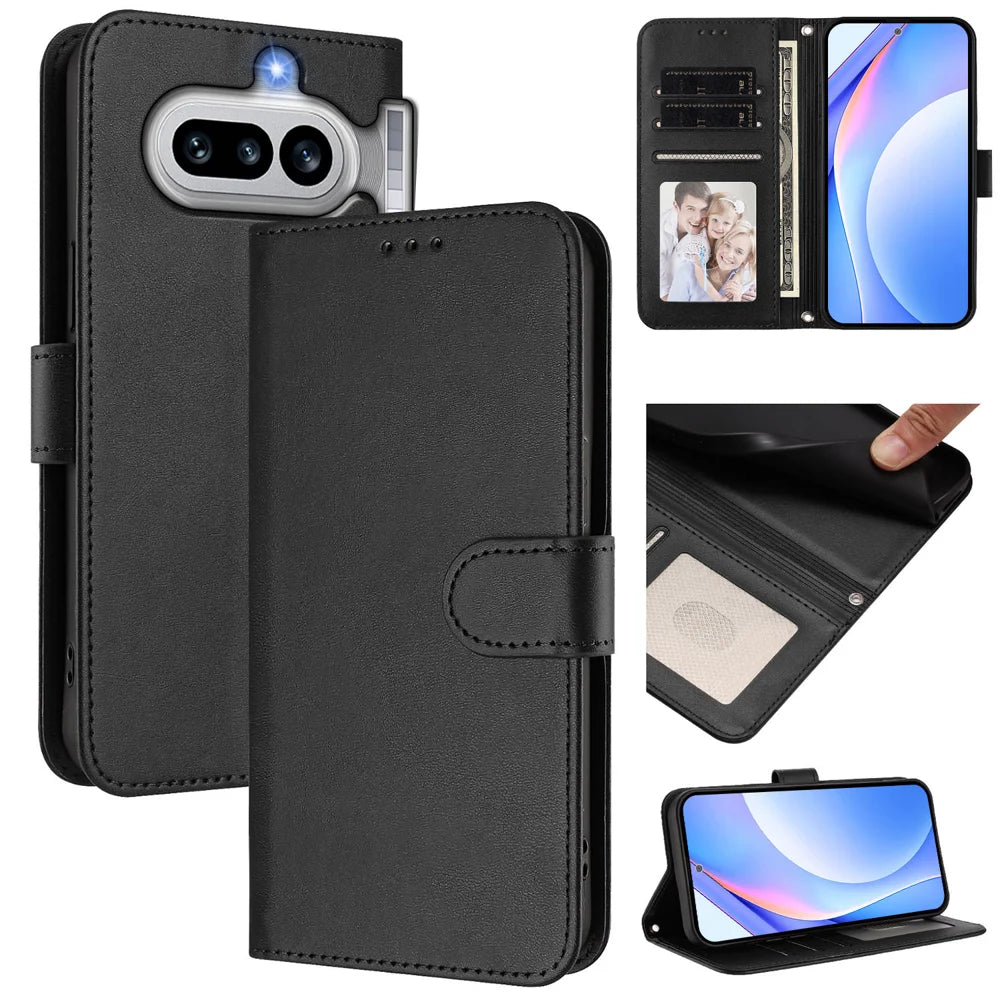 For Nothing Phone (4a) Wallet Case RFID Blocking Calf Texture Leather Stand Phone Cover with Strap - Black - 2