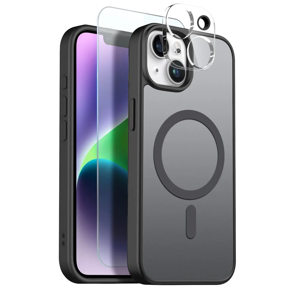 NORTHJO For iPhone 14 Plus Magnetic Case Translucent Matte Shockproof Phone Cover Set with Front Screen Protector + Lens Film - Black - 1