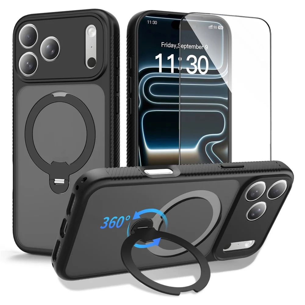 For iPhone 17 Pro Magnetic Case Matte TPU Shockproof Phone Cover with Kickstand and Tempered Glass - Black - 1
