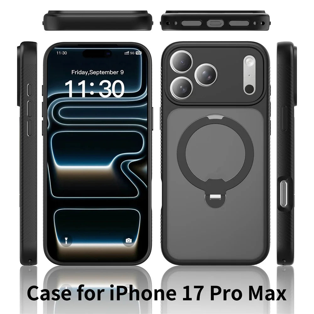 For iPhone 17 Pro Magnetic Case Matte TPU Shockproof Phone Cover with Kickstand and Tempered Glass - Black - 2