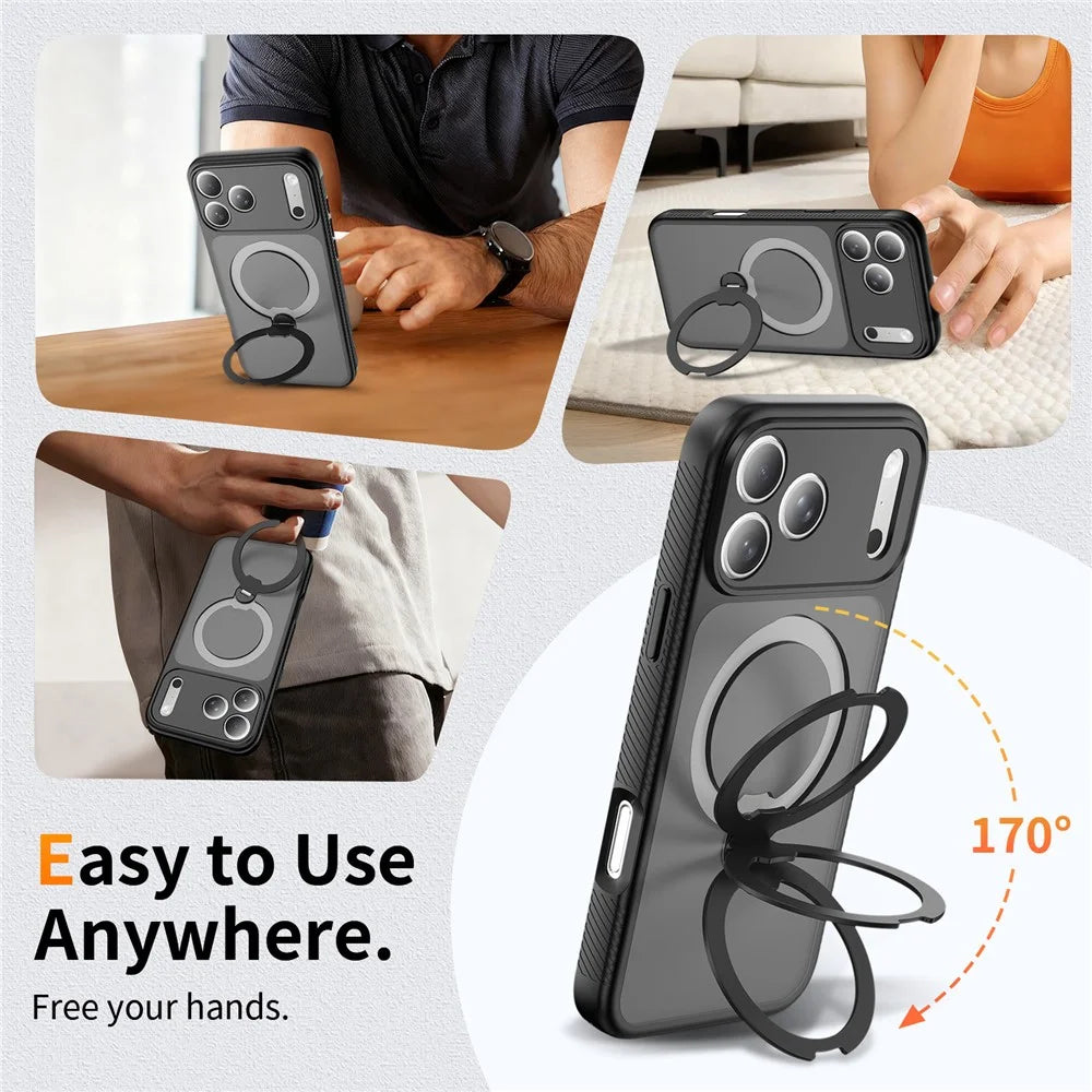 For iPhone 17 Pro Magnetic Case Matte TPU Shockproof Phone Cover with Kickstand and Tempered Glass - Black - 5