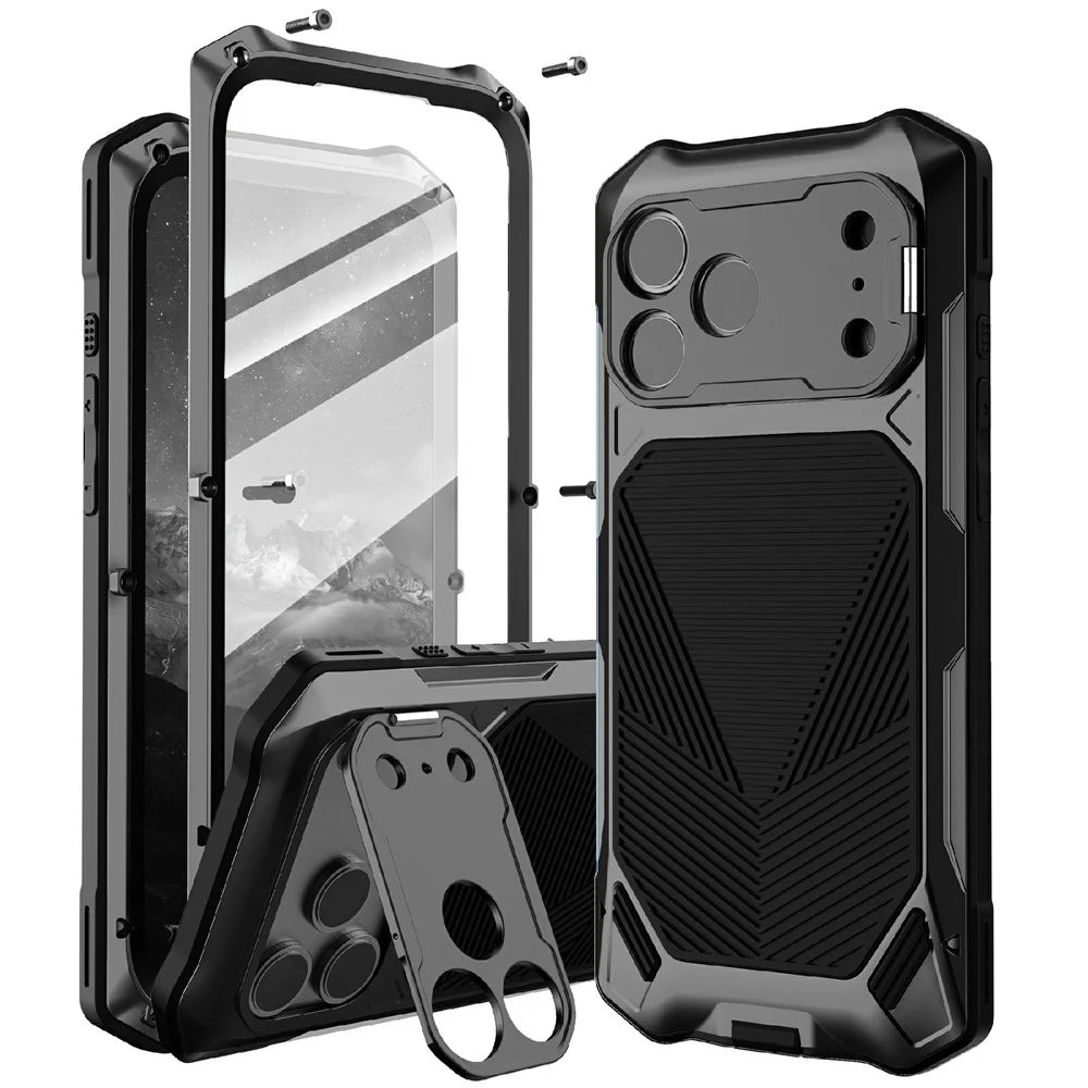 For iPhone 17 Pro Max Magnetic Case Military Grade Shockproof Metal Silicone Cover with Lens Frame Kickstand - Black - 1