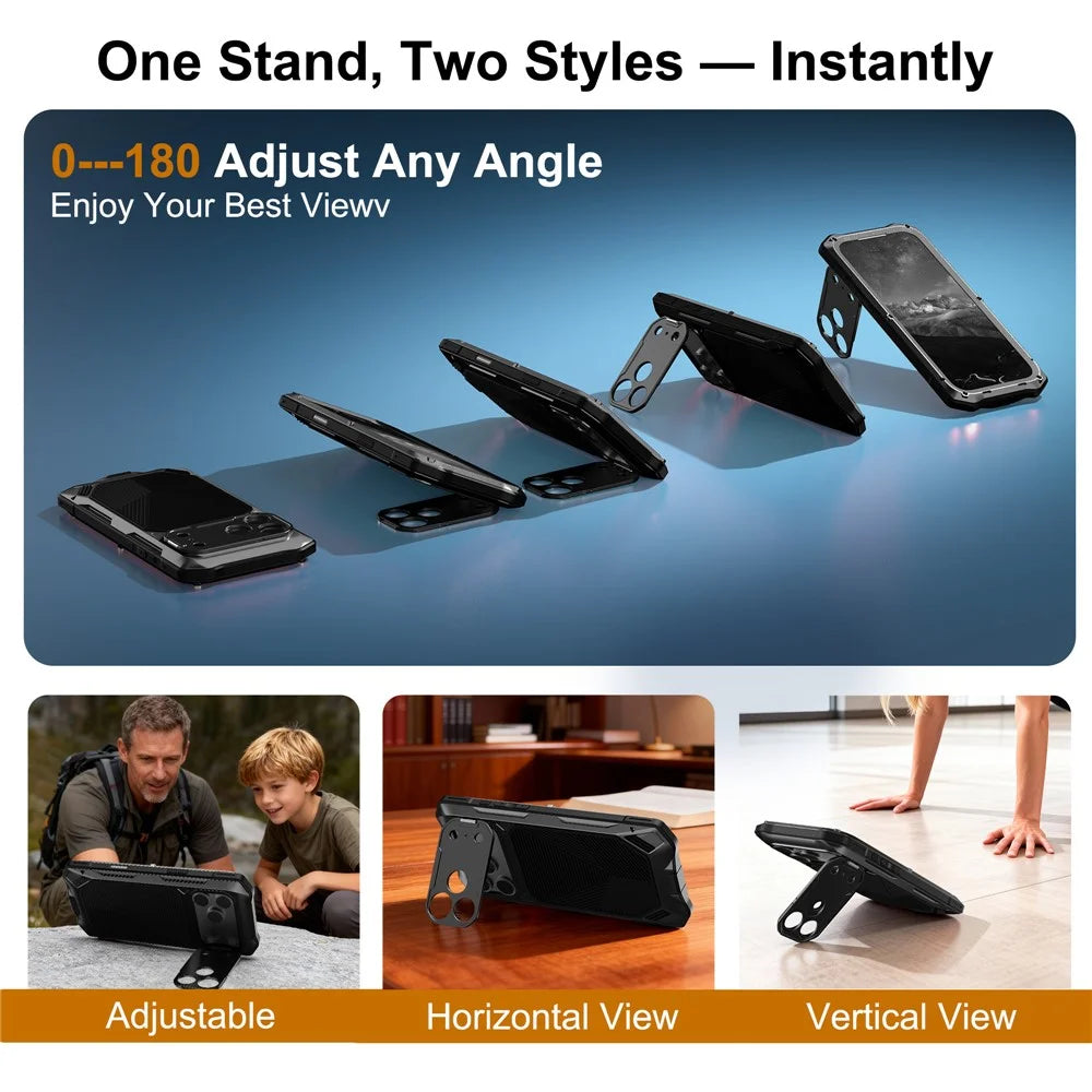 For iPhone 17 Pro Magnetic Case Military Grade Shockproof Metal Silicone Cover with Lens Frame Kickstand - Black - 2