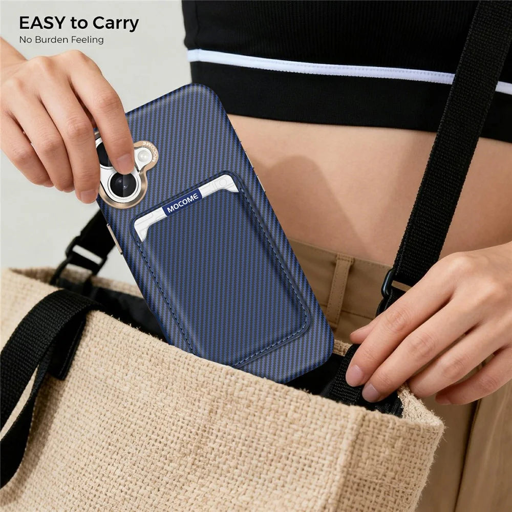 For iPhone 16 Plus Magnetic Case Carbon Fiber Texture Leather Back Phone Cover with Detachable Card Holder - Sapphire - 3