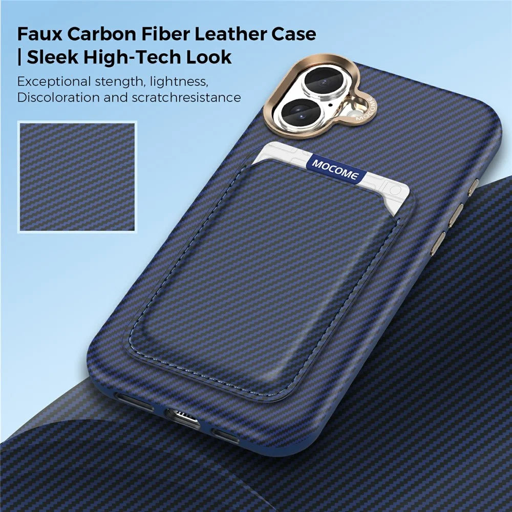 For iPhone 16 Plus Magnetic Case Carbon Fiber Texture Leather Back Phone Cover with Detachable Card Holder - Sapphire - 4