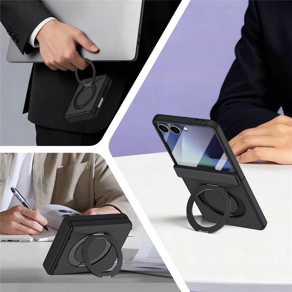 For Samsung Galaxy Z Flip7 5G Foldrable Case 360° Rotating Alloy Kickstand Hinge Protection Shockproof Cover with Glass Film - Black - 2
