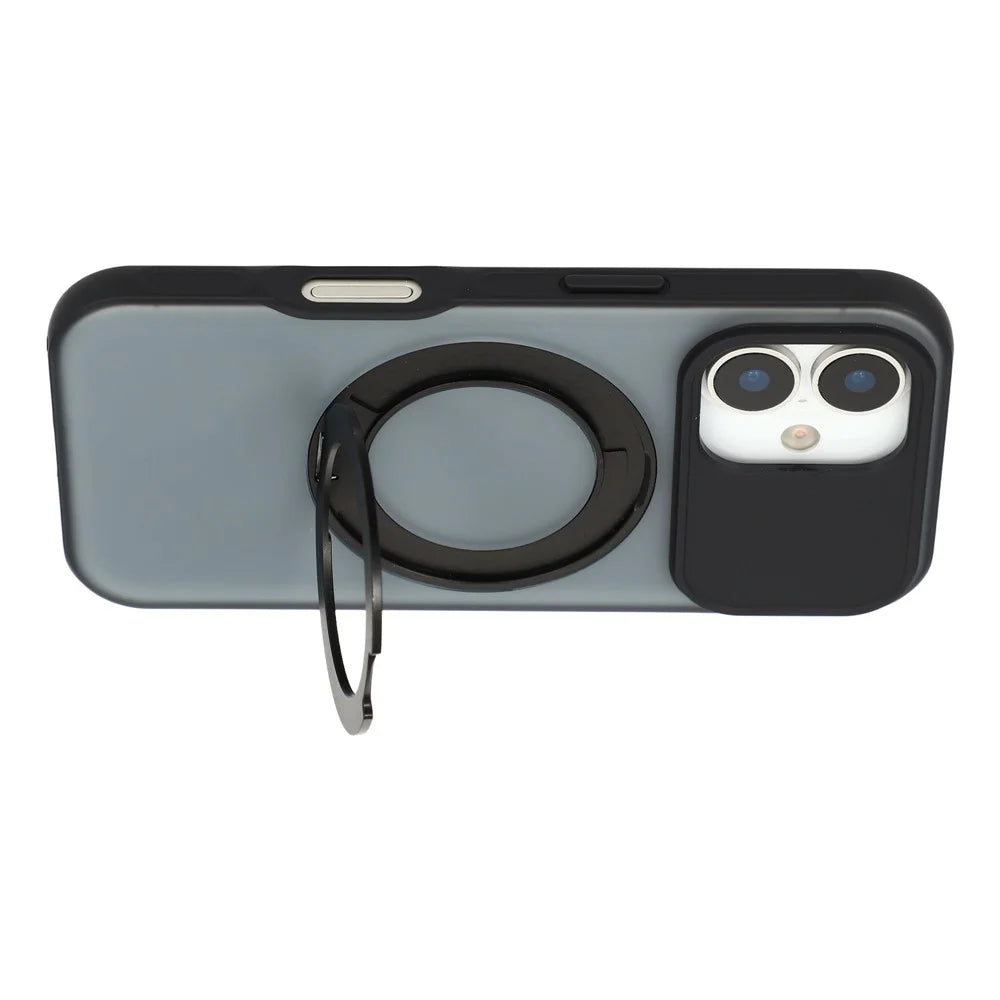 For iPhone 16 Magnetic Case Rotating Ring Kickstand PC + TPU Skin-touch Phone Cover - Transparent Black - 4