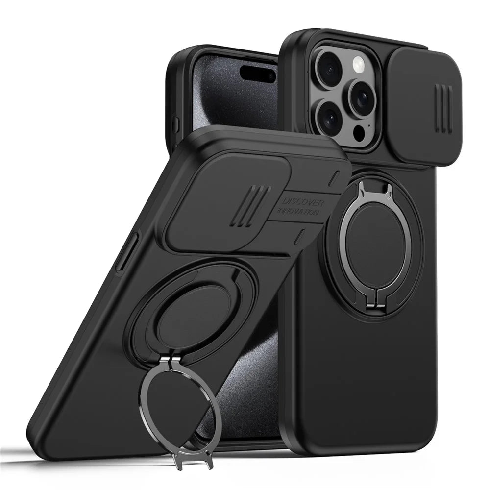 For iPhone 15 Pro Case Magnetic Case Ring Kickstand Slide Camera Cover TPU PC Hybrid Phone Shell - Black - 1