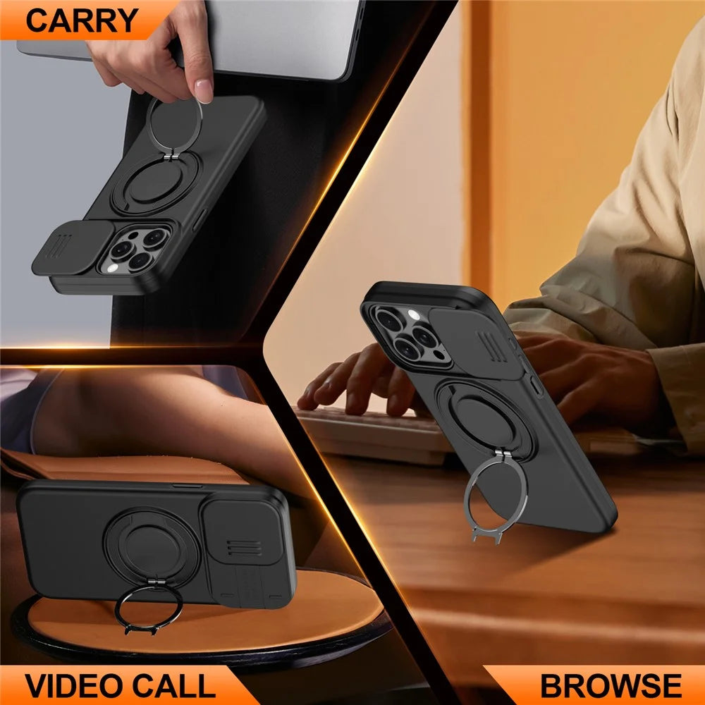 For iPhone 15 Pro Case Magnetic Case Ring Kickstand Slide Camera Cover TPU PC Hybrid Phone Shell - Black - 4