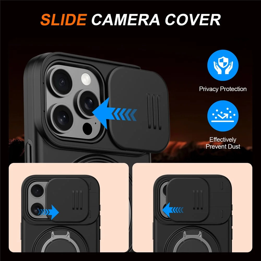 For iPhone 15 Pro Case Magnetic Case Ring Kickstand Slide Camera Cover TPU PC Hybrid Phone Shell - Black - 6