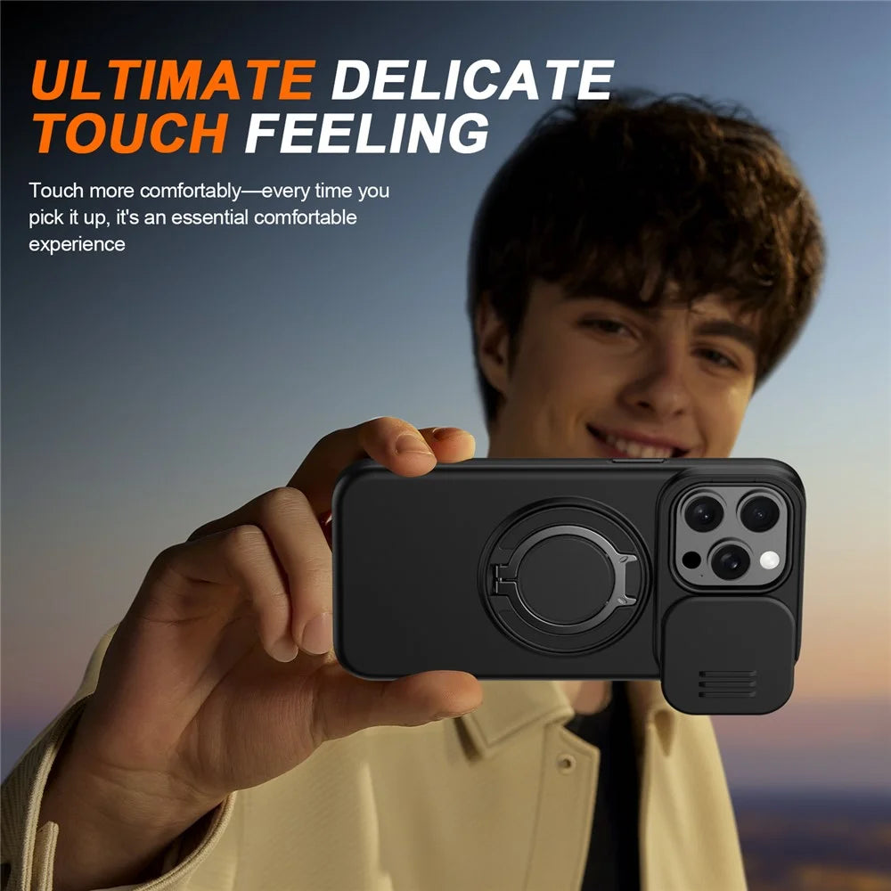 For iPhone 15 Pro Case Magnetic Case Ring Kickstand Slide Camera Cover TPU PC Hybrid Phone Shell - Black - 7