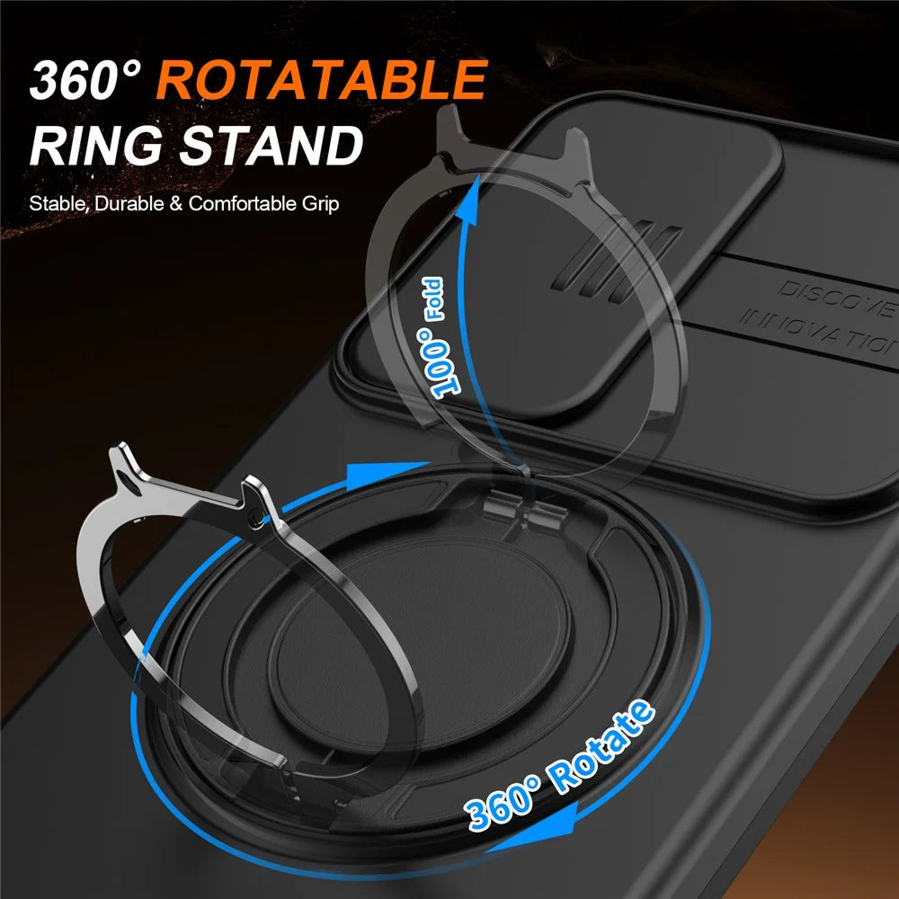 For Samsung Galaxy A56 5G Case Magnetic Case Ring Kickstand Slide Camera Cover TPU PC Hybrid Phone Shell - Black - 3