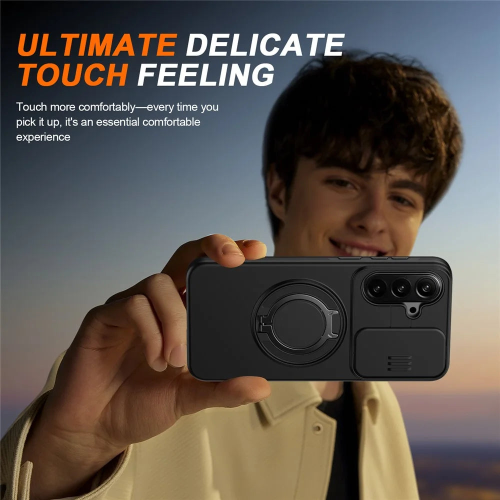 For Samsung Galaxy A56 5G Case Magnetic Case Ring Kickstand Slide Camera Cover TPU PC Hybrid Phone Shell - Black - 7