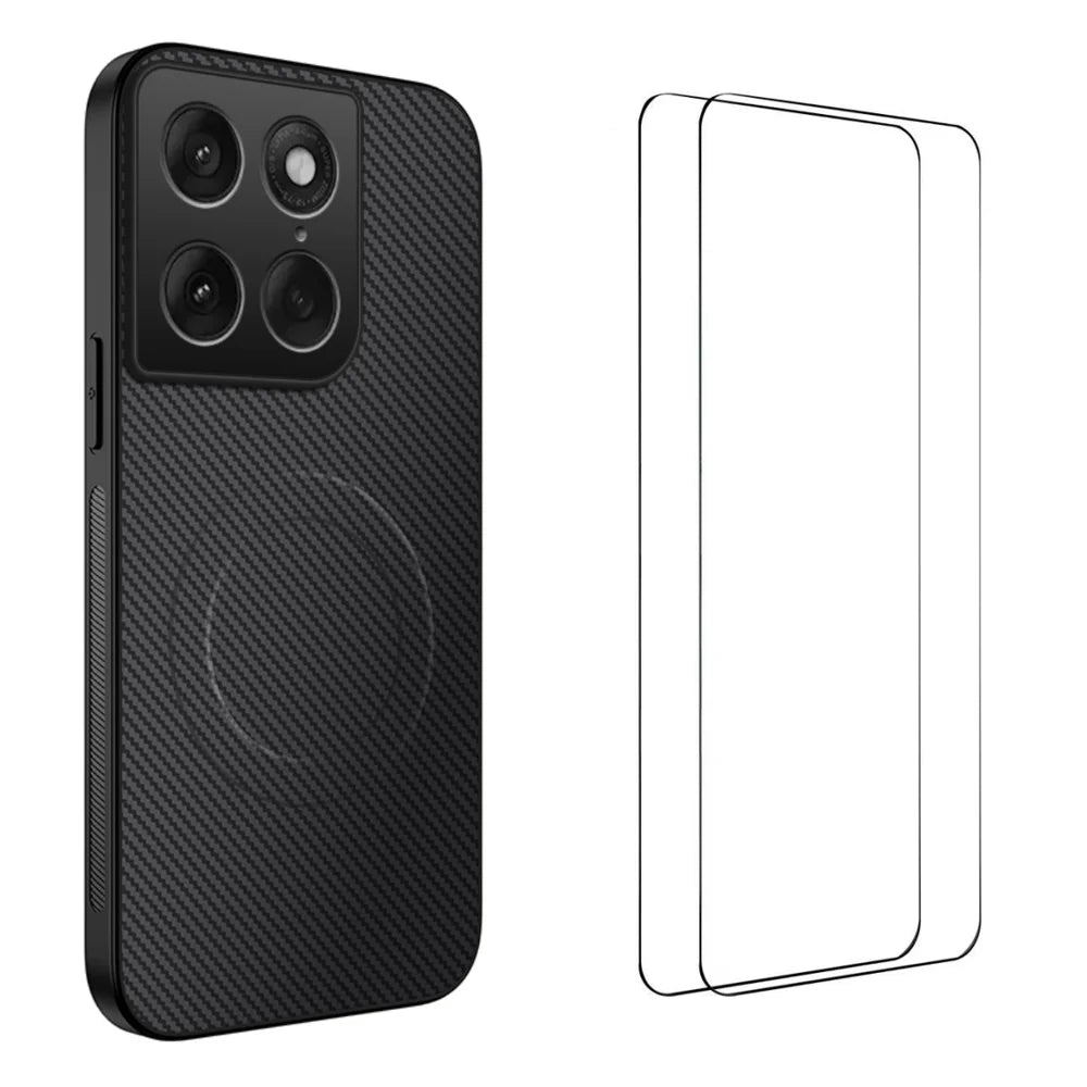 WANLONFENG For Motorola Signature 5G TQ1 Series Magnetic Case Carbon Fiber Texture PC TPU Phone Cover with 2Pcs Screen Films - Black - 1