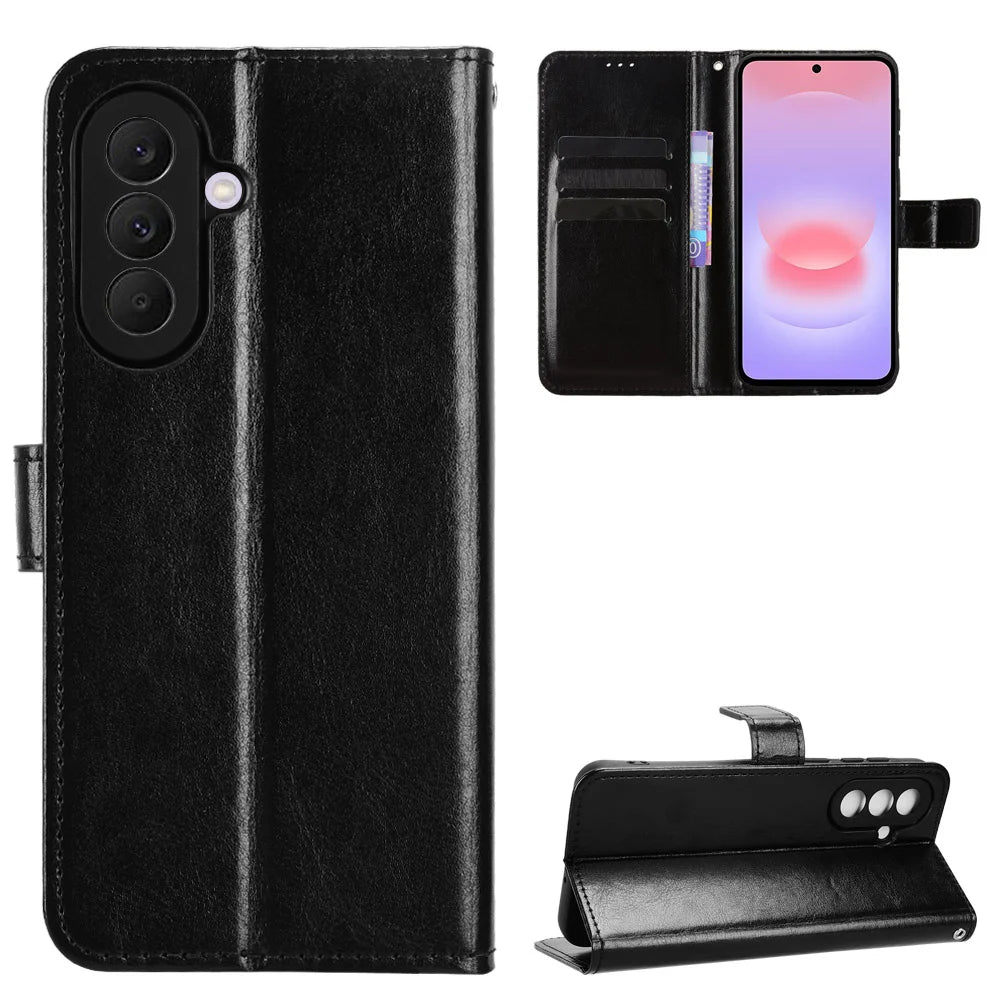 For Samsung Galaxy A37 5G PU Leather Case with Strap Crazy Horse Texture Phone Wallet Cover - Black - 1
