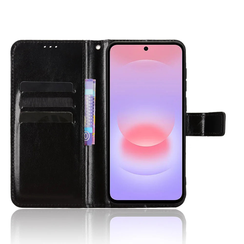 For Samsung Galaxy A37 5G PU Leather Case with Strap Crazy Horse Texture Phone Wallet Cover - Black - 5