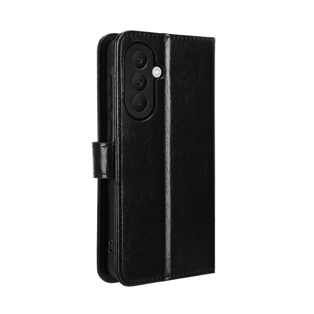 For Samsung Galaxy A37 5G PU Leather Case with Strap Crazy Horse Texture Phone Wallet Cover - Black - 7