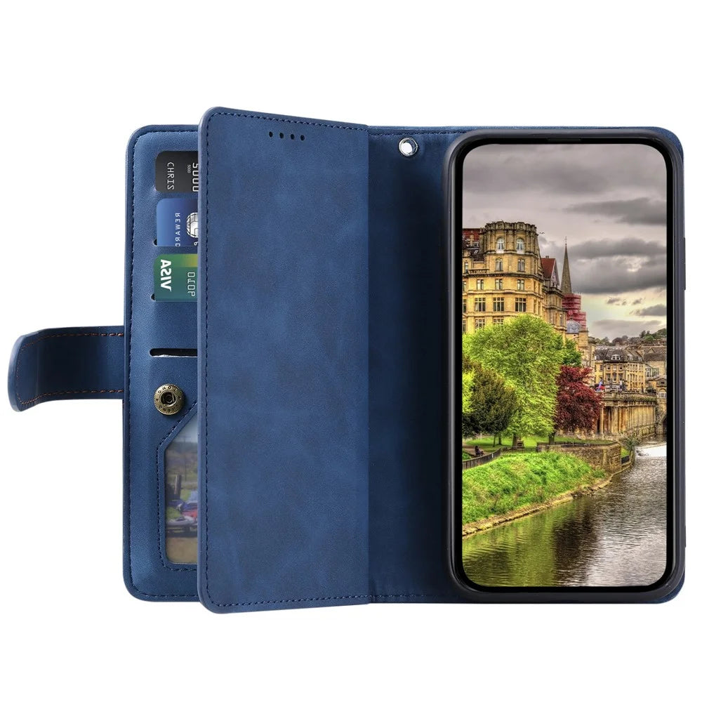 For Google Pixel 11 Case 9 Card Slots Zipper Wallet PU Leather Phone Cover with Wrist Strap - Blue - 2