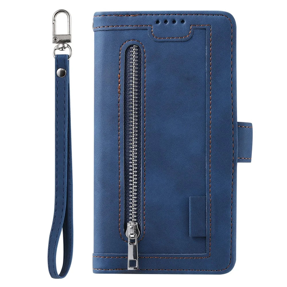 For Google Pixel 11 Case 9 Card Slots Zipper Wallet PU Leather Phone Cover with Wrist Strap - Blue - 7