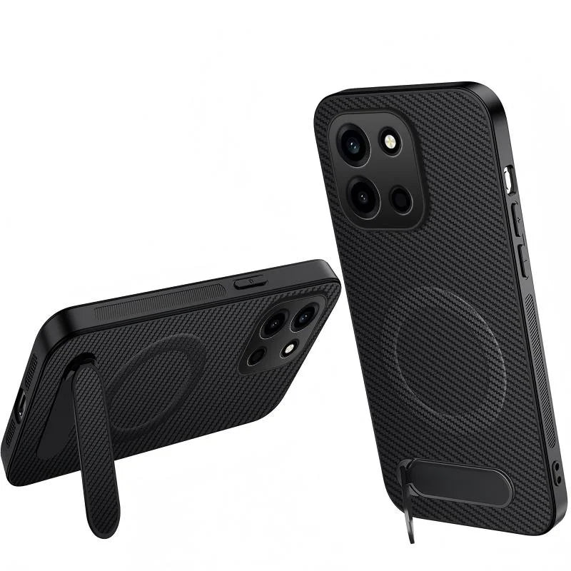 WANLONFENG For OnePlus Turbo 6 5G QT Series Magnetic Case Kickstand Carbon Fiber Texture PC TPU Phone Cover - Black - 1