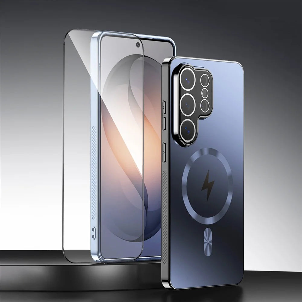 For Samsung Galaxy S26 Ultra Magnetic Case Electroplated Matte PC TPU Phone Cover with Tempered Glass Film - Black - 3