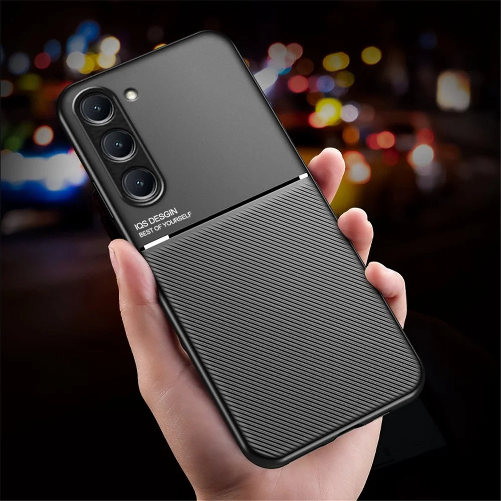 For Samsung Galaxy S23+ Lines Imprinted Phone Case PU Leather+TPU Anti-drop Cover with Built-in Metal Sheet - Black - 3