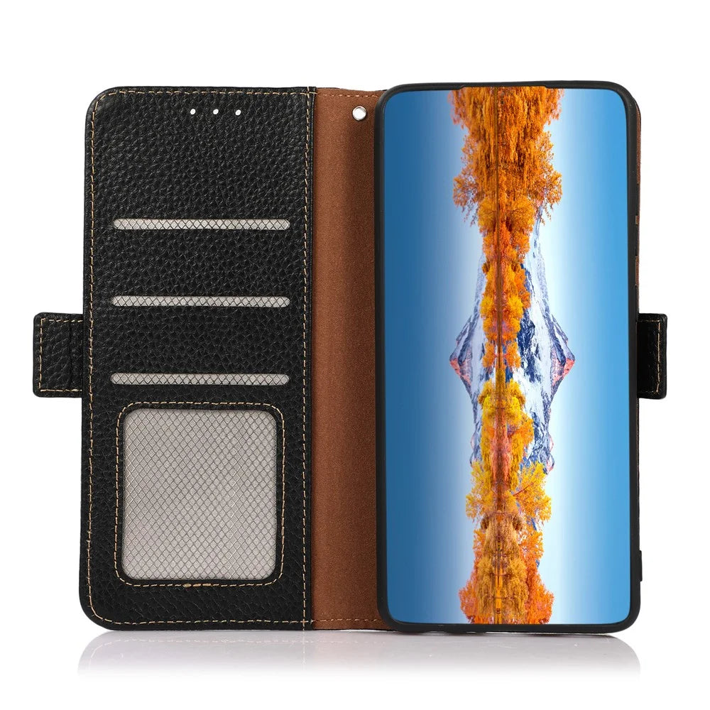 KHAZNEH for OnePlus 15T 5G Phone Case Litchi Texture Genuine Cow Leather Cover RFID Blocking - Black - 3