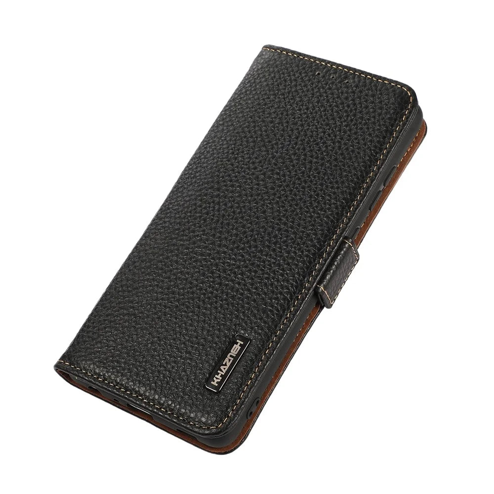 KHAZNEH for OnePlus 15T 5G Phone Case Litchi Texture Genuine Cow Leather Cover RFID Blocking - Black - 5