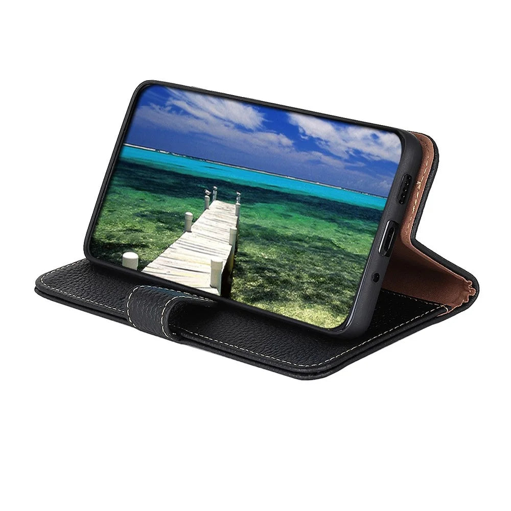 KHAZNEH For Google Pixel 11 Pro XL Wallet Case Litchi Texture Genuine Cow Leather Flip Phone Cover - Black - 2