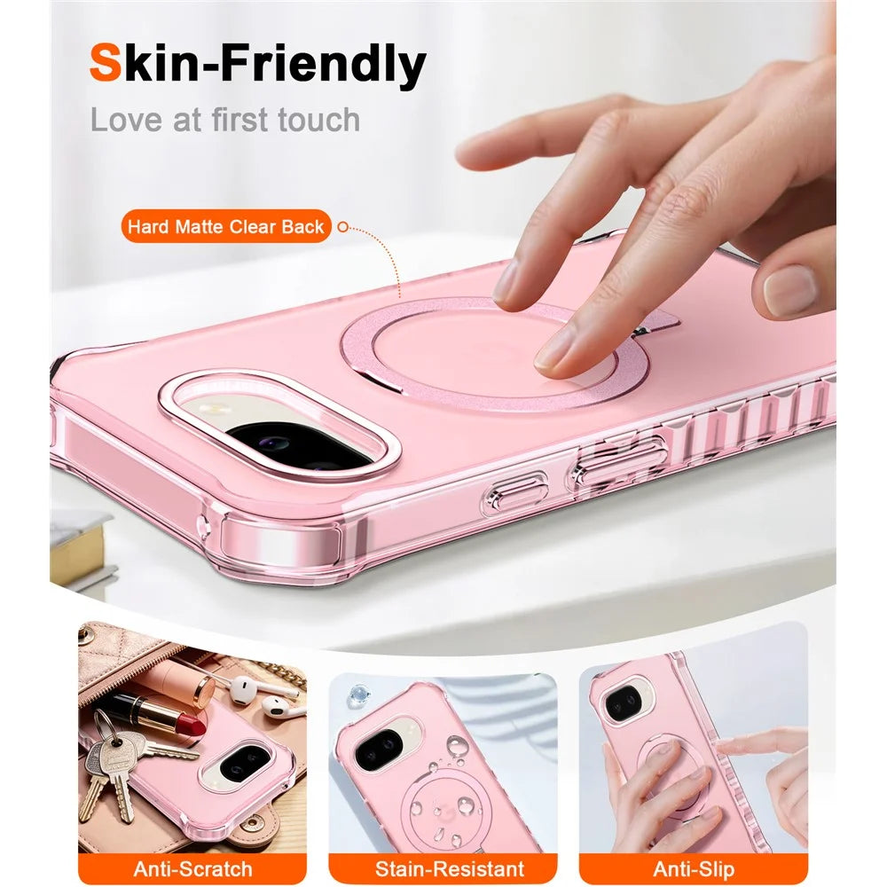 For Google Pixel 10a Magnetic Case Matte Kickstand Hybrid Phone Cover Small Wavy Edge - Pink - 4