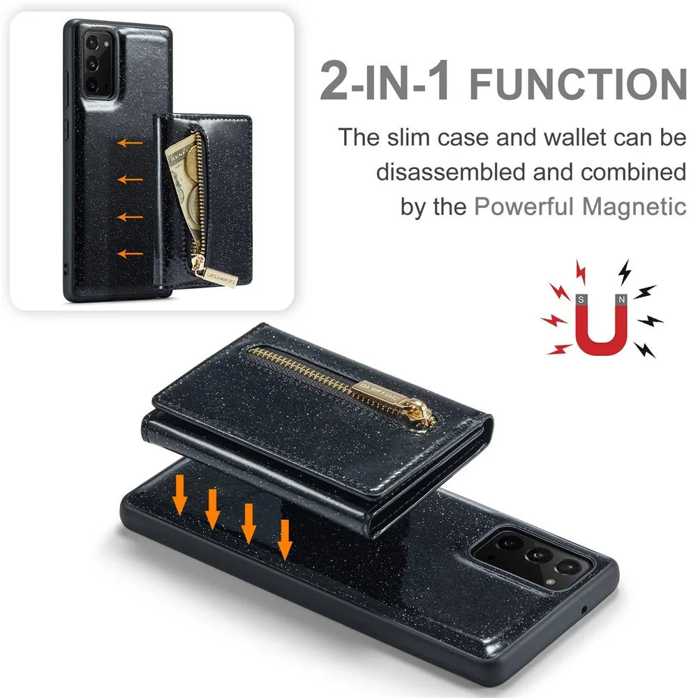 DG.MING M3 Series For Samsung Galaxy Note20/Note20 5G 2-in-1 Detachable Zippered Wallet Phone Case Glittery Magnetic Smartphone Cover Kickstand - Black - 6