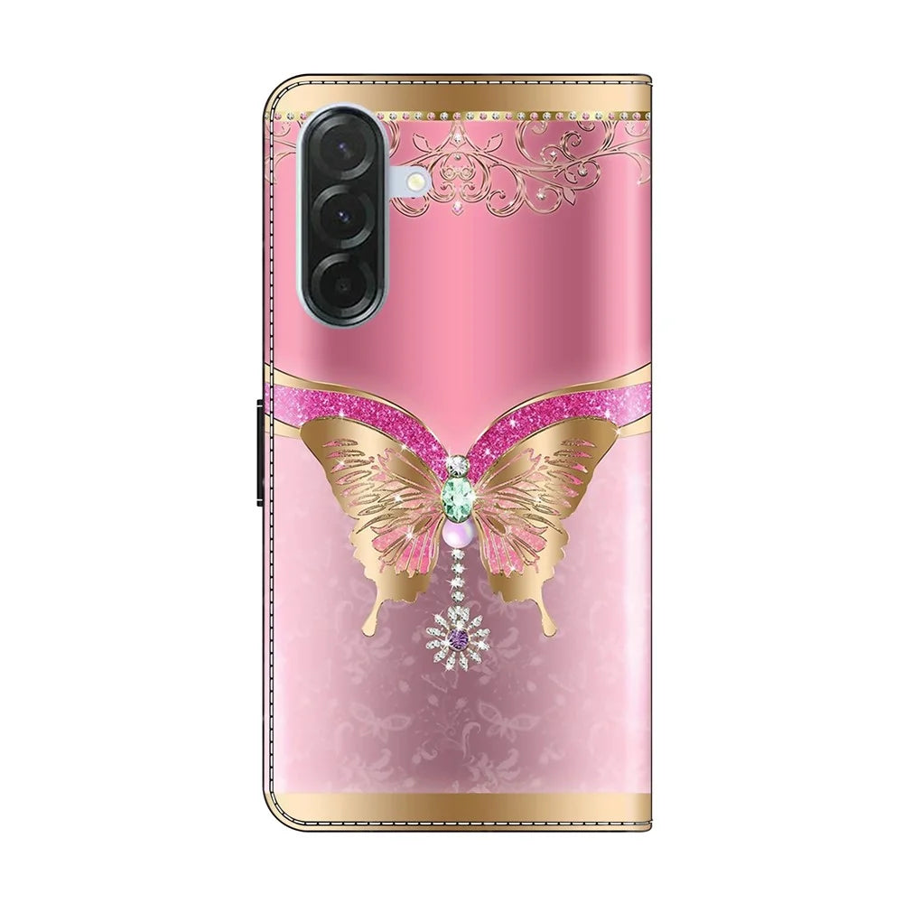 For Samsung Galaxy A27 5G Wallet Case 3D Pattern PU Leather Phone Cover with Stand - Pink / Gold Butterfly - 6