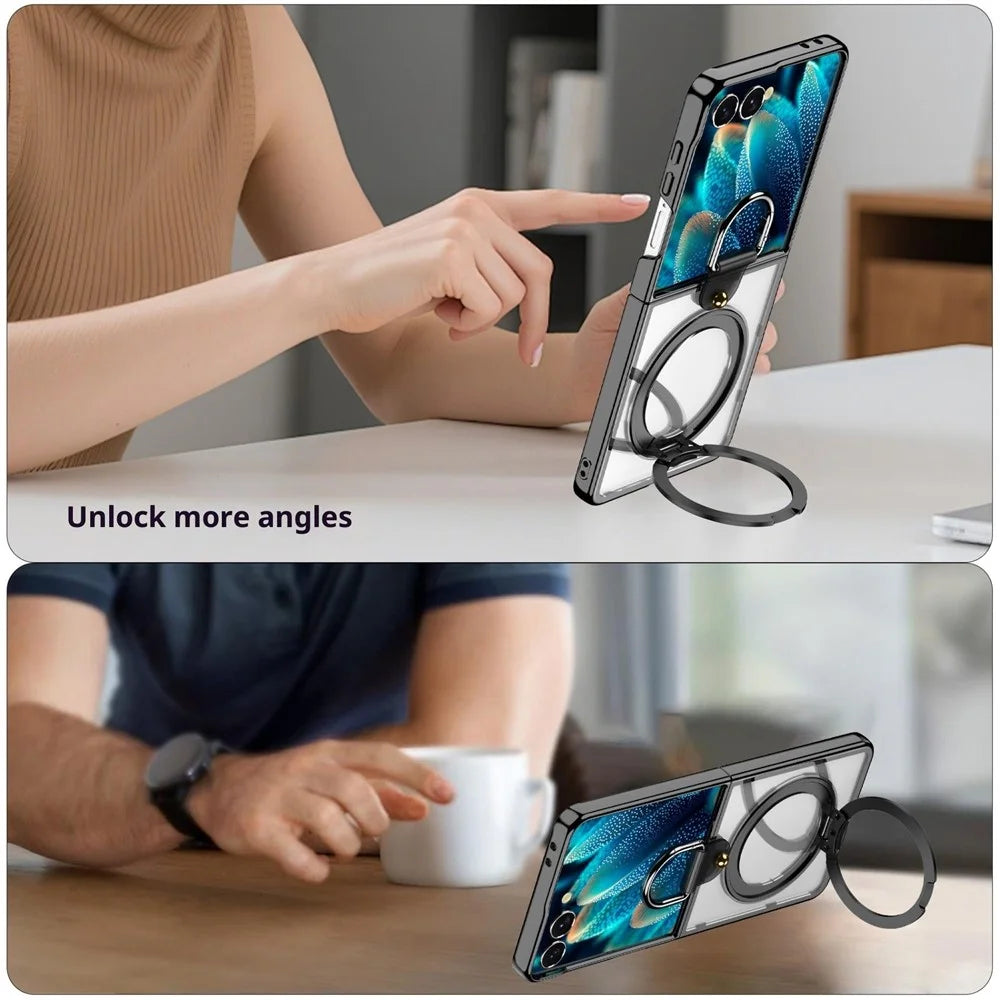 For Samsung Galaxy Z Flip7 5G Transparent Case with 360° Magnetic Ring Holder UV Scratch-resistant Shockproof Cover - Black - 3