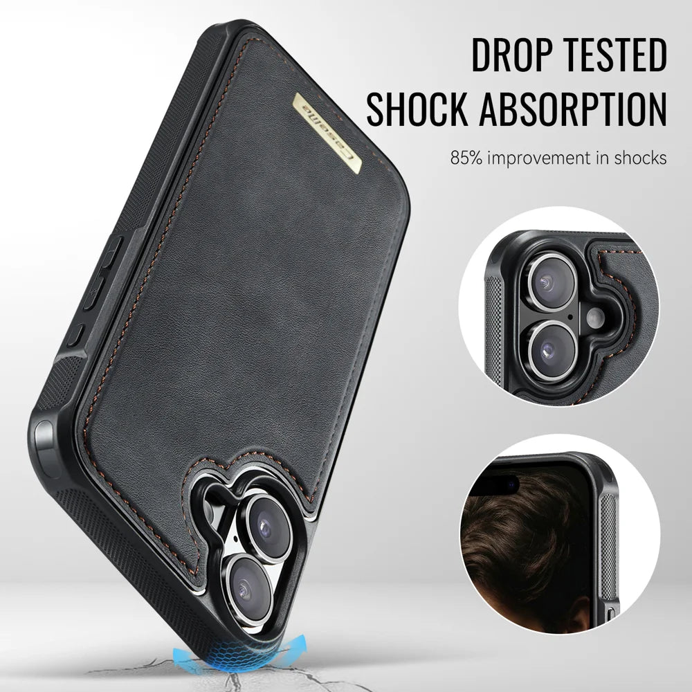 CaseMe For iPhone 16 C69 Series Magnetic Case Leather Coated TPU Phone Cover - Black - 6