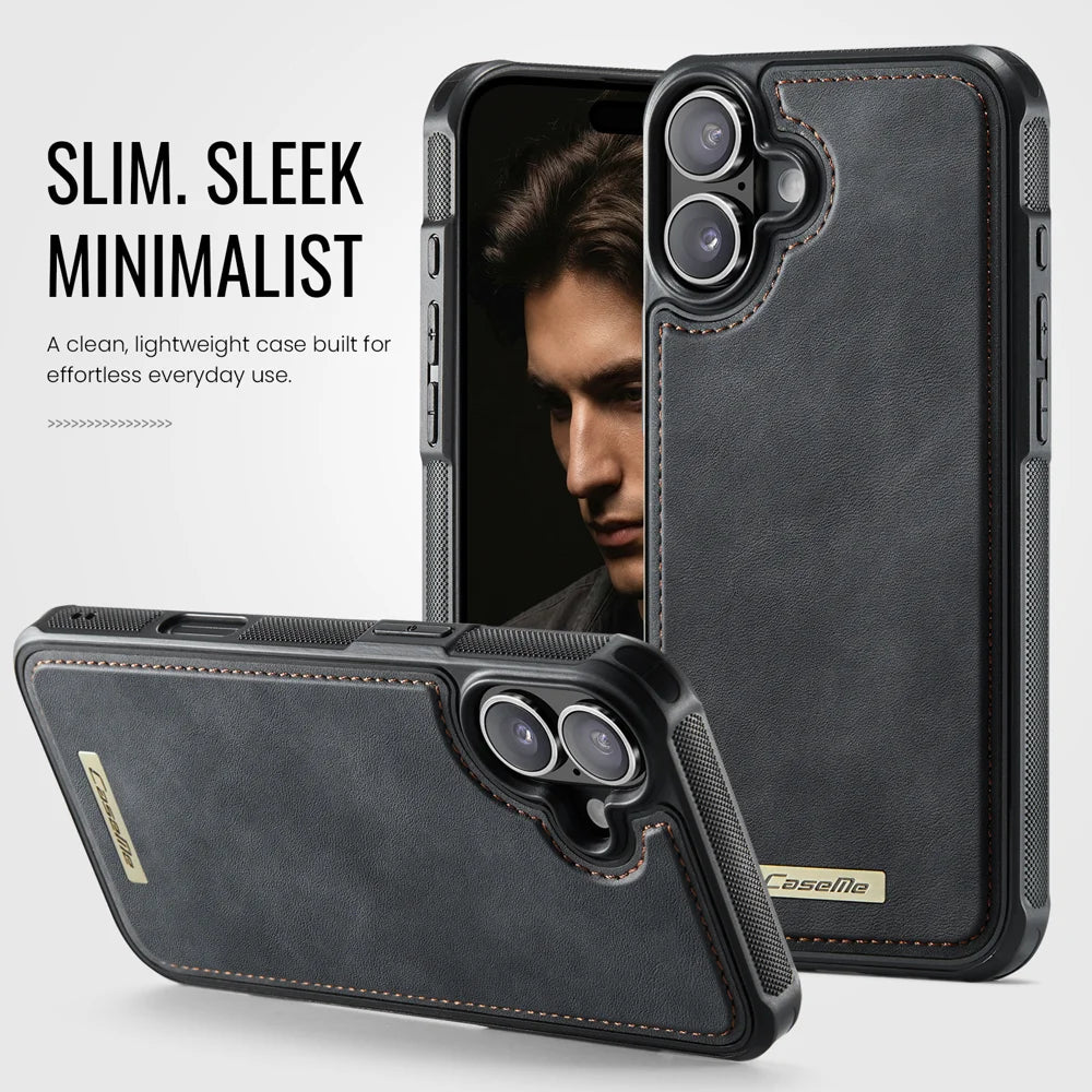 CaseMe For iPhone 16 C69 Series Magnetic Case Leather Coated TPU Phone Cover - Black - 7