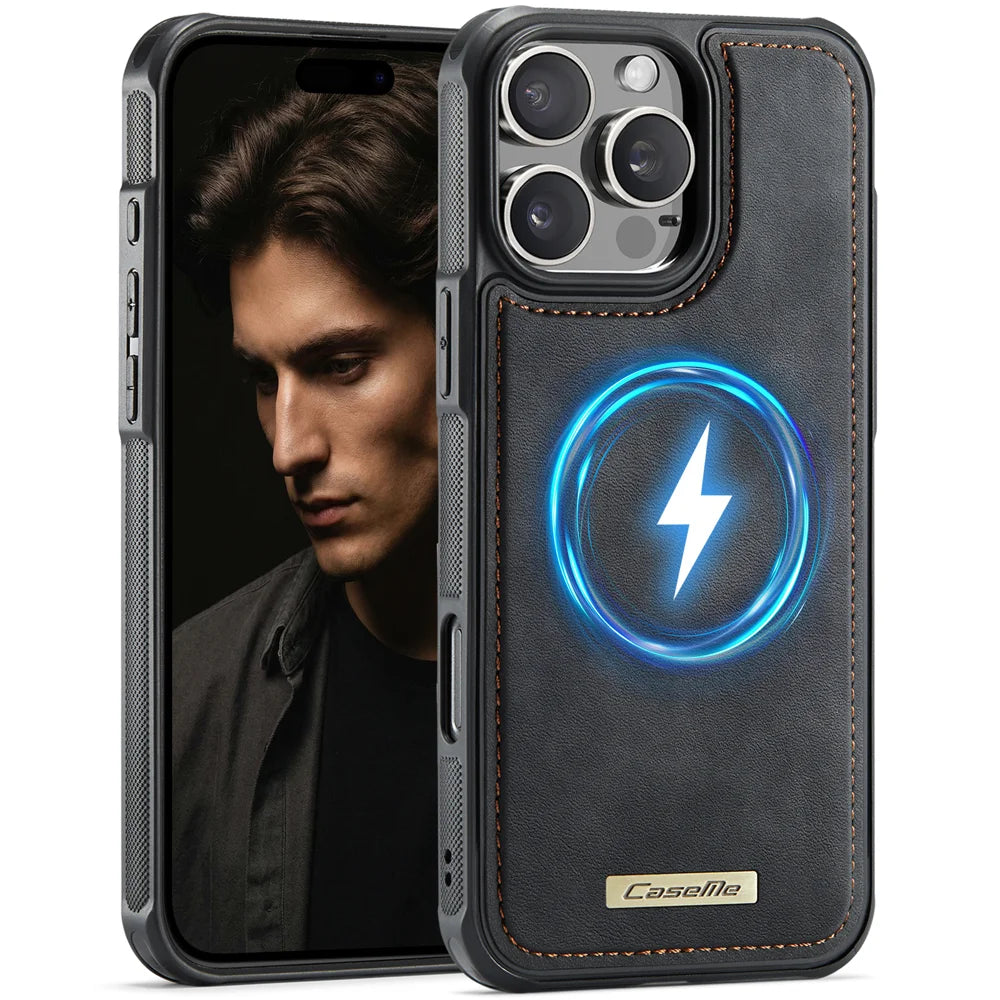 CaseMe For iPhone 16 Pro C69 Series Magnetic Case Leather Coated TPU Phone Cover - Black - 1